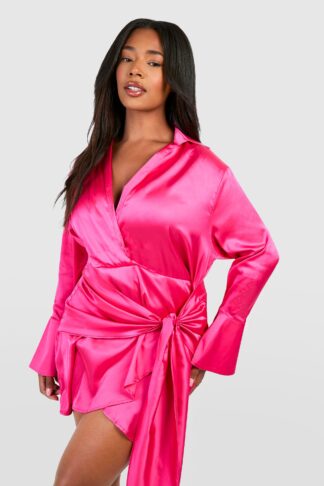 Womens Plus Satin Tie Waist Shirt Dress - Pink - 16, Pink