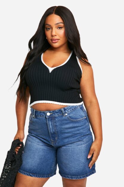 Womens Plus V Neck Knitted Crop Top - Black - 16, Black