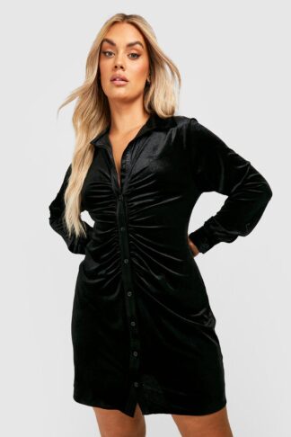 Womens Plus Velvet Ruched Detail Shirt Dress - Black - 22, Black