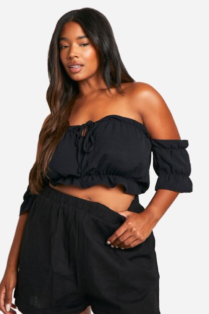 Womens Plus Woven Puff Sleeve Milkmaid Crop Top - Black - 16, Black