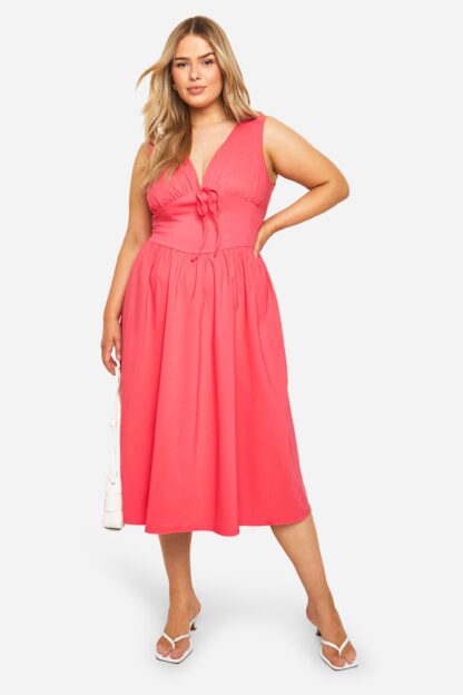 Womens Plus Bengaline Plunge Corset Midi Skater Dress - Pink - 16, Pink