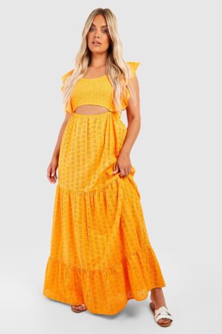 Womens Plus Broderie Cut Out Maxi Dress - Orange - 16, Orange