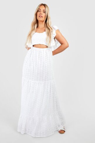 Womens Plus Broderie Cut Out Maxi Dress - White - 22, White
