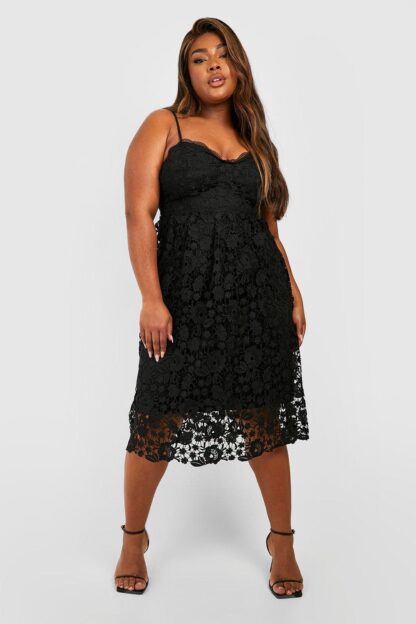 Womens Plus Crochet Lace Midi Skater Dress - Black - 16, Black