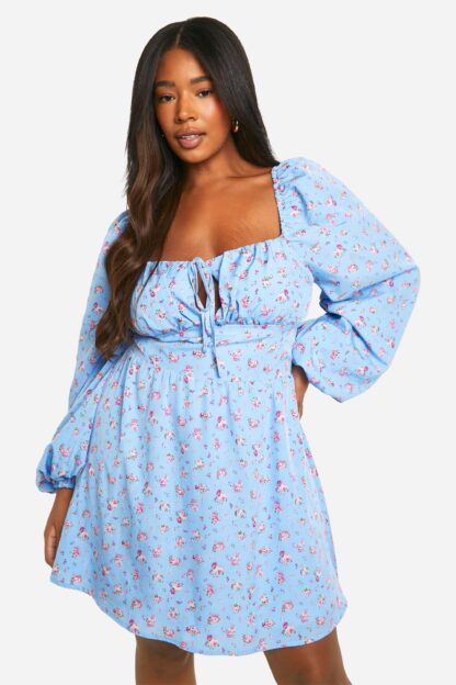 Womens Plus Ditsy Balloon Sleeve Milkmaid Skater Dress - Blue - 28, Blue