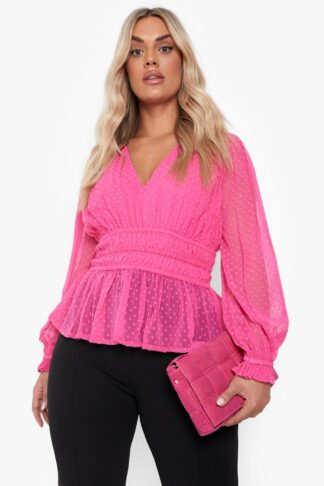 Womens Plus Dobby Mesh Volume Sleeve Blouse - Pink - 28, Pink
