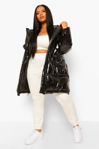 Womens Plus Faux Fur Hood Shiny Parka Puffer Jacket - Black - 28, Black