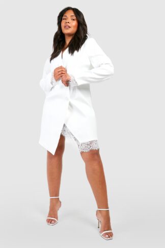 Womens Plus Lace Insert Blazer Dress - White - 16, White