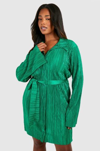 Womens Plus Plisse Flared Sleeve Tie Shirt Dress - Green - 16, Green