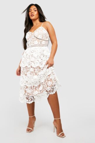 Womens Plus Premium Lace Peplum Skater Dress - White - 28, White