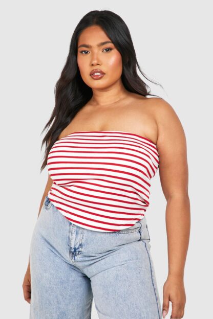 Womens Plus Rib Longline Stripe Bandeau Top - Red - 16, Red