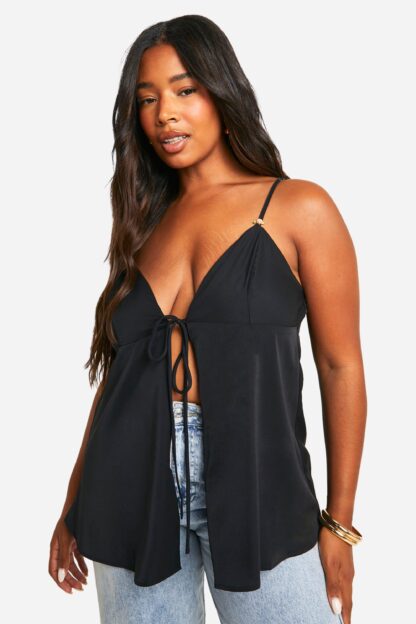 Womens Plus Rose Detail Tie Front Cami Top - Black - 16, Black