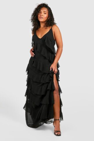Womens Plus Ruffle Strap Maxi Dress - Black - 16, Black
