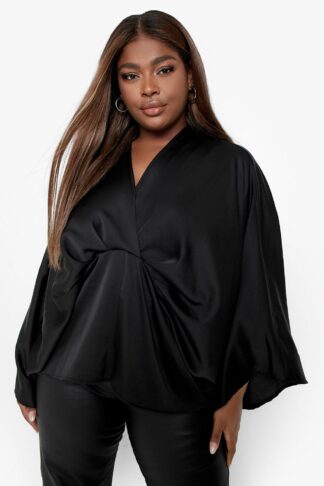 Womens Plus Satin Knot Kimono Sleeve Blouse - Black - 16, Black