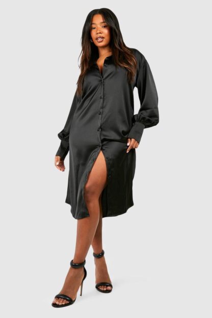 Womens Plus Satin Midi Shirt Dress - Black - 16, Black