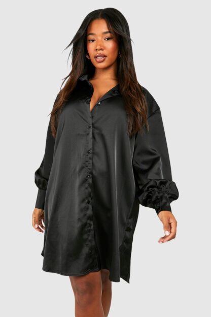 Womens Plus Satin Shirt Dress - Black - 28, Black