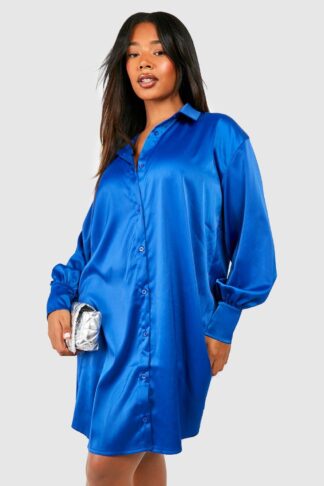 Womens Plus Satin Shirt Dress - Blue - 22, Blue