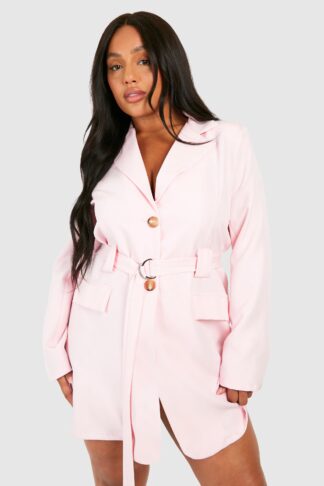 Womens Plus Utility Linen Belted Blazer Dress - Pink - 16, Pink