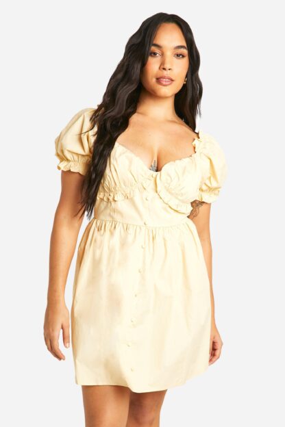 Womens Plus Woven Milkmaid Button Down Skater Dress - Beige - 16, Beige