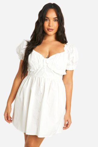 Womens Plus Woven Milkmaid Button Down Skater Dress - White - 16, White