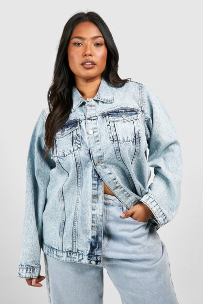 Womens Plus Acid Wash Pocket Oversized Denim Jacket - Blue - 16, Blue