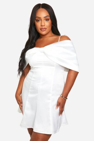 Womens Plus Bow Satin Mini Dress - White - 16, White