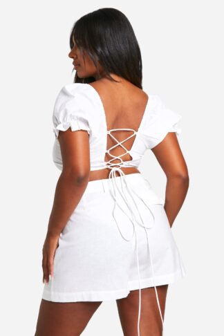 Womens Plus Cotton Puff Sleeve Crop Top - White - 16, White