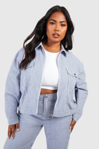 Womens Plus Denim Stripe Pocket Denim Jacket - Blue - 20, Blue