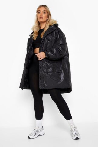 Womens Plus Faux Fur Hooded Parka - Black - 18, Black