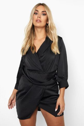 Womens Plus Hammered Satin Wrap Shirt Dress - Black - 20, Black