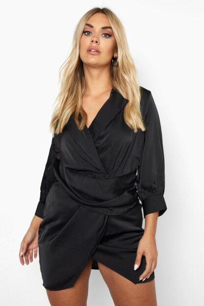 Womens Plus Hammered Satin Wrap Shirt Dress - Black - 20, Black