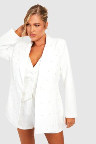 Womens Plus Pearl Detail Blazer - White - 16, White