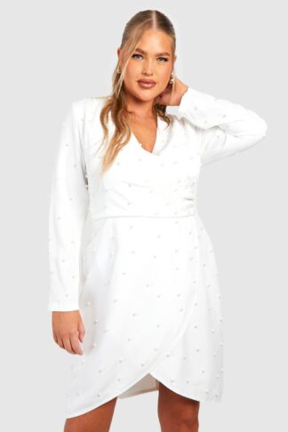 Womens Plus Pearl Detail Wrap Dress - White - 16, White