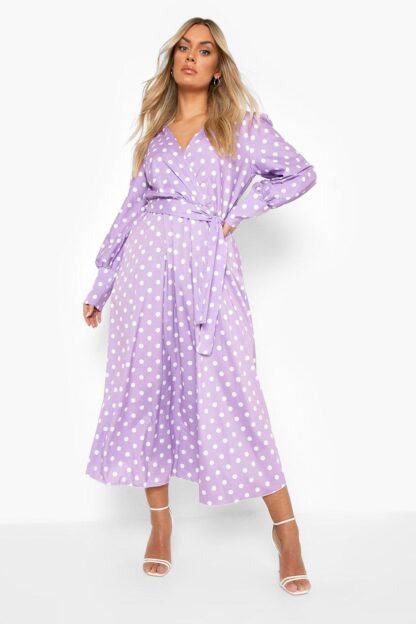 Womens Plus Polka Wrap Belted Maxi Dress - Purple - 16, Purple