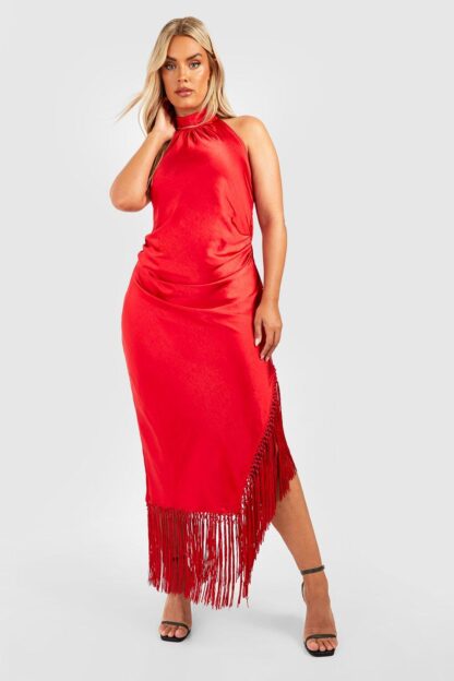 Womens Plus Premium Satin Tassel Halterneck Midi Dress - Red - 16, Red