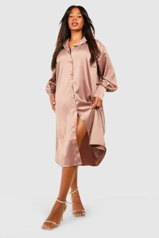 Womens Plus Satin Midi Shirt Dress - Beige - 22, Beige