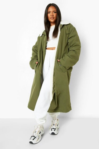 Womens Plus Teddy Trim Parka Coat - Green - 20, Green