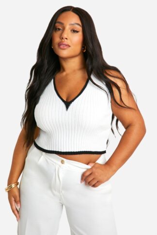 Womens Plus V Neck Knitted Crop Top - White - 16, White