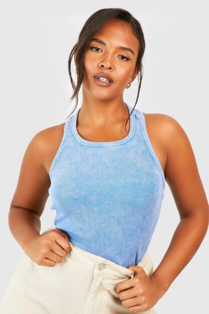 Womens Plus Washed Rib Racer Vest Top - Blue - 22, Blue