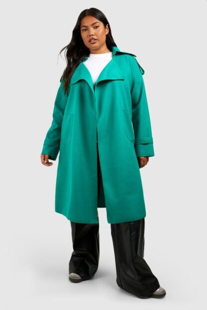 Womens Plus Wool Look Waterfall Trench Detail Coat - Green - 18, Green