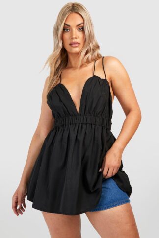 Womens Plus Woven Shirred Plunge Cami Top - Black - 24, Black