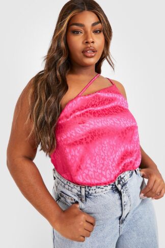 Womens Plus Asymmetric Leopard Satin Cowl Cami Top - Pink - 18, Pink