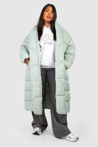 Womens Plus Belted Duvet Puffer Jacket - Green - 16, Green