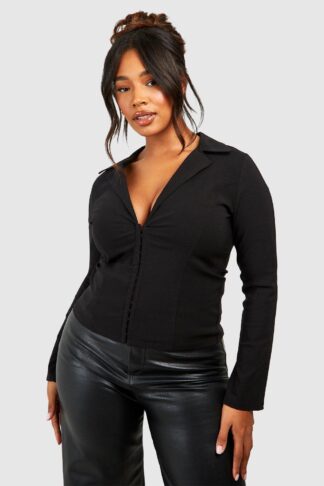 Womens Plus Bengaline Hook And Eye Corset Shirt Top - Black - 16, Black