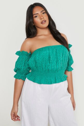 Womens Plus Broderie Bardot Puff Sleeve Crop Top - Green - 28, Green