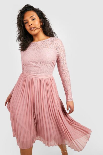 Womens Plus Lace Chiffon Pleated Midi Dress - Pink - 26, Pink