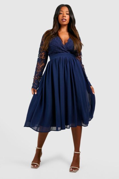 Womens Plus Lace Midi Skater Dress - Navy - 24, Navy