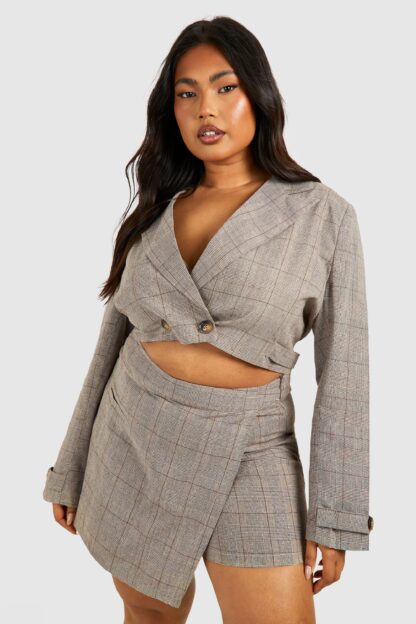 Womens Plus Linen Look Mini Check Boxy Crop Blazer - Beige - 16, Beige