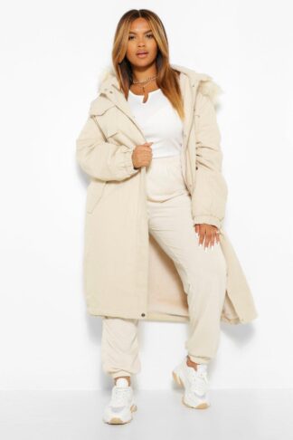 Womens Plus Longline Faux Fur Trim Parka Coat - Beige - 26, Beige