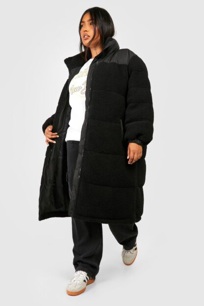 Womens Plus Longline Teddy Faux Fur Panelled Puffer Jacket - Black - 16, Black